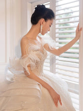 Load image into Gallery viewer, Luxury Sling Wedding Dress Boat Neck Glittery Pearls Lace Dress
