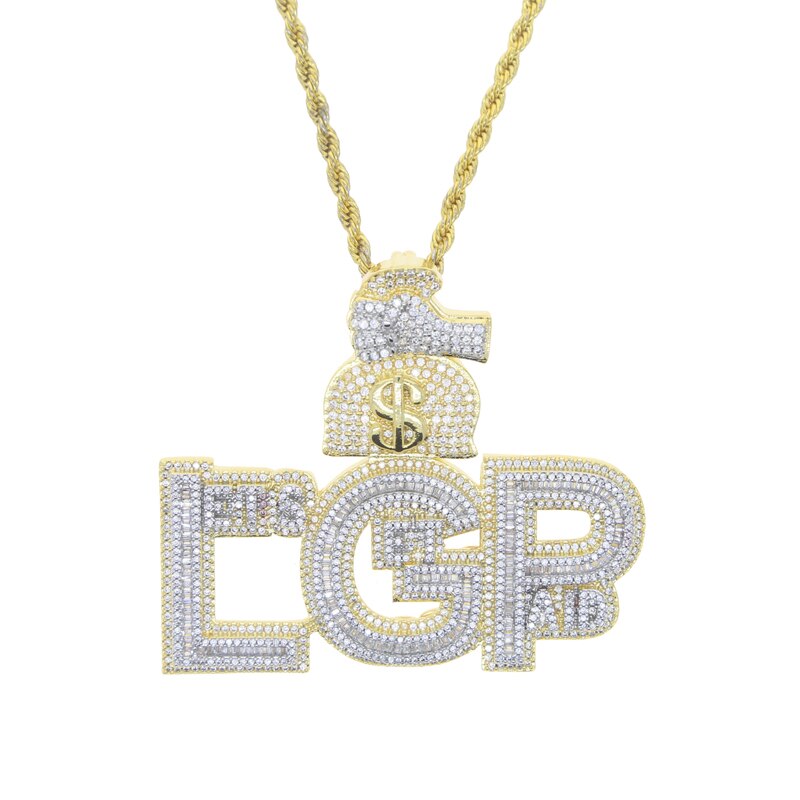 Letter Lets Get Paid Pendant Necklace Bling Silver Color CZ Zircon LGP Money Bag Charm Men&#39;s Women  HipHop Jewelry
