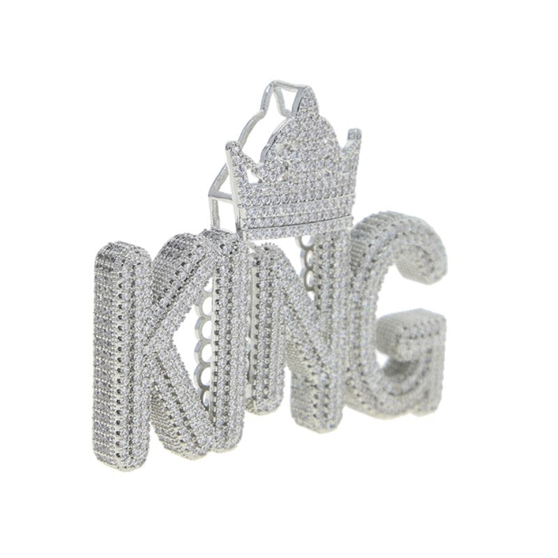 Bling Crown Badge CZ Letter King Pendant Necklace Cubic Zirconia Fist Power Charm Men Fashion Hip Hop Jewelry
