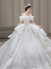 Load image into Gallery viewer, Off The Shoulder Wedding Dress Lace Applique Boat Neck Bridal Dress Ball Gown With A Big Tail
