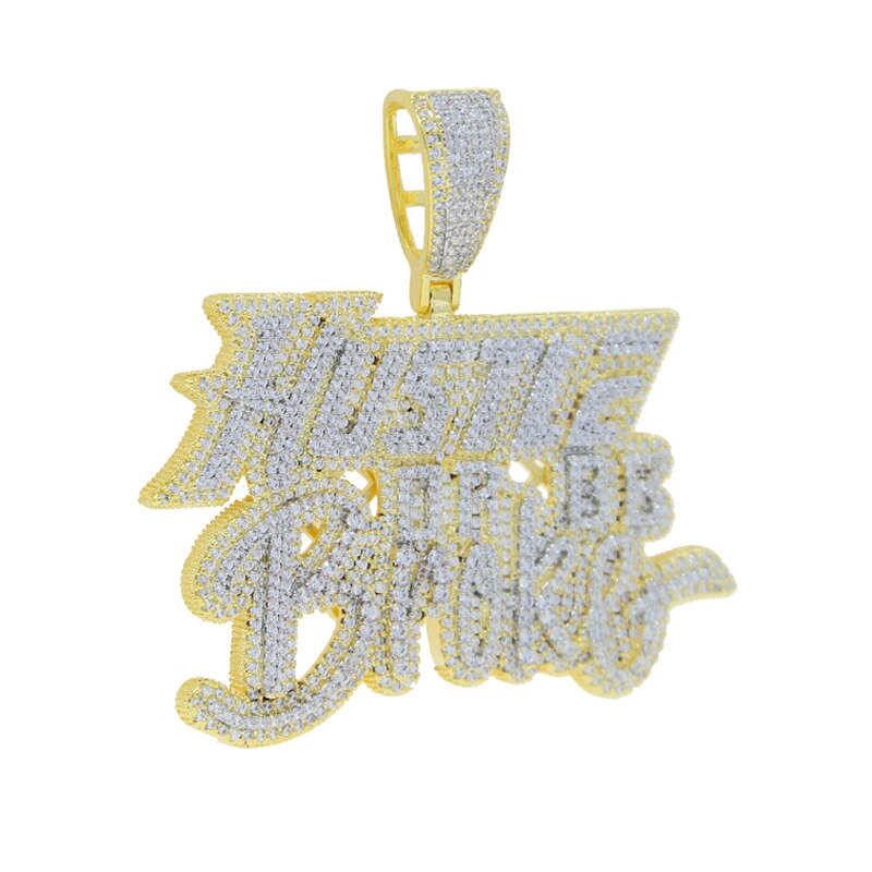 Bling CZ Letter Hustle Broke Pendant Necklace Cubic Zirconia Silver Color Cursive Letters Men Fashion Hip Hop Jewelry