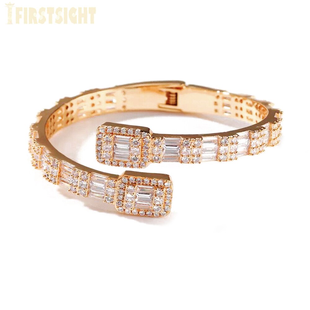 Iced Out Bling Opened CZ Square Charm Bracelet AAA Zircon Baguette Heart Bangle For Men Women Hiphop Luxury Jewelry 2022 New