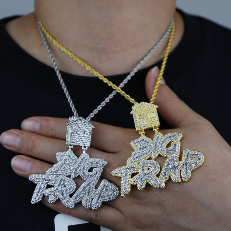 Bling Hip Hop Cursive Letter Big Trap Pendant Necklace CZ Cubic Zirconia House Charm Men Women Fashion Jewelry