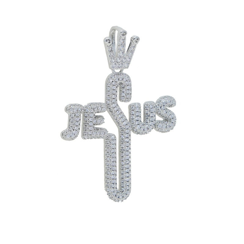 Bling Hiphop Letter Jesus Cross Pendant Necklace Crown hollow Religious Charm Fashion Mens Women Jewelry