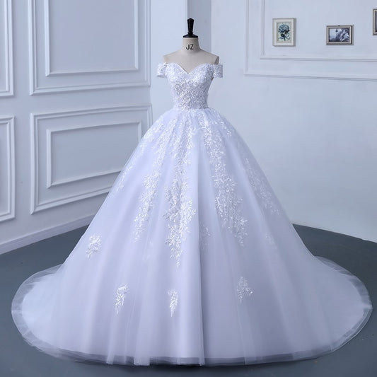 Luxury Applique Wedding Dress Off The Shoulder Lace Bridal Gown With Train Ball Gown