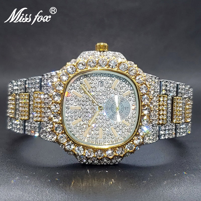 Men&#39;s Watches Luxury Classic Design Full Diamond Square Hand Clock Waterproof Hip Hop Quartz Watch For Men With Free Shipping
