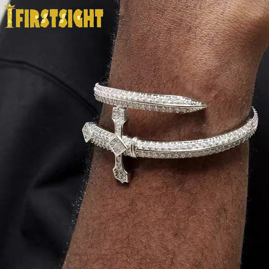 2022 New Iced Out Bling CZ Justice Sword Bangle Gold Silver Color Cubic Zircon Cross Bracelet For Women Men Hiphop Jewelry