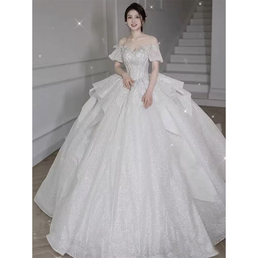 Bridal Dress Off The Shoulder Boat Neck With Bow Sequins Sweep Train