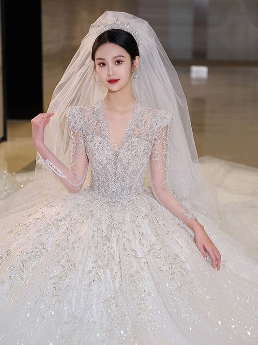 Luxury Glittery Long Sleeve Lace Up Bridal Dress