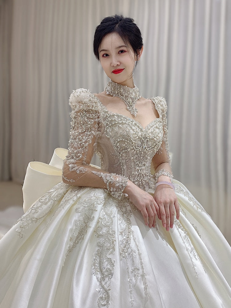 Long Sleeve Wedding Trailing Satin Lace Embroidery Bridal Dresses