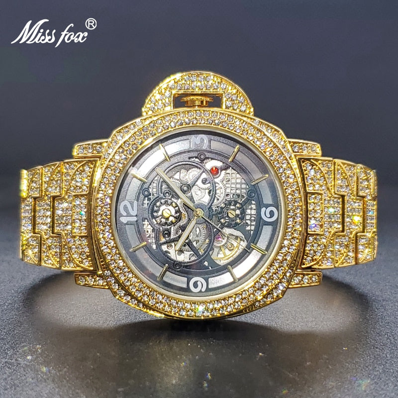 Mechanical Watch For Men Diamond Iced Hip Hop Automatic Watches Big Wrist Skeleton Movement Wristwatches Unique Dropshipping