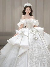 Load image into Gallery viewer, Boat Neck Satin Sweep Train Princess Wedding Gown Lace Embroidery
