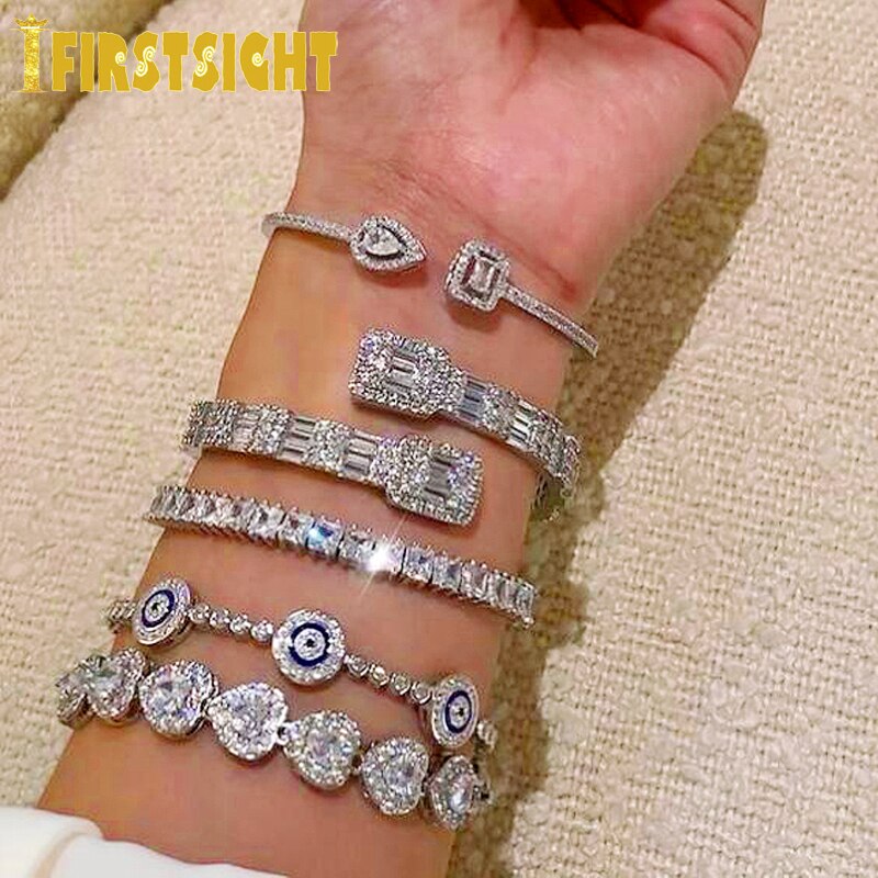 2022 New Iced Out Bling CZ Opened Square Zircon Bracelet Gold Silver Color 5A CZ Baguettet Bangle For Men Women Hiphop Jewelry