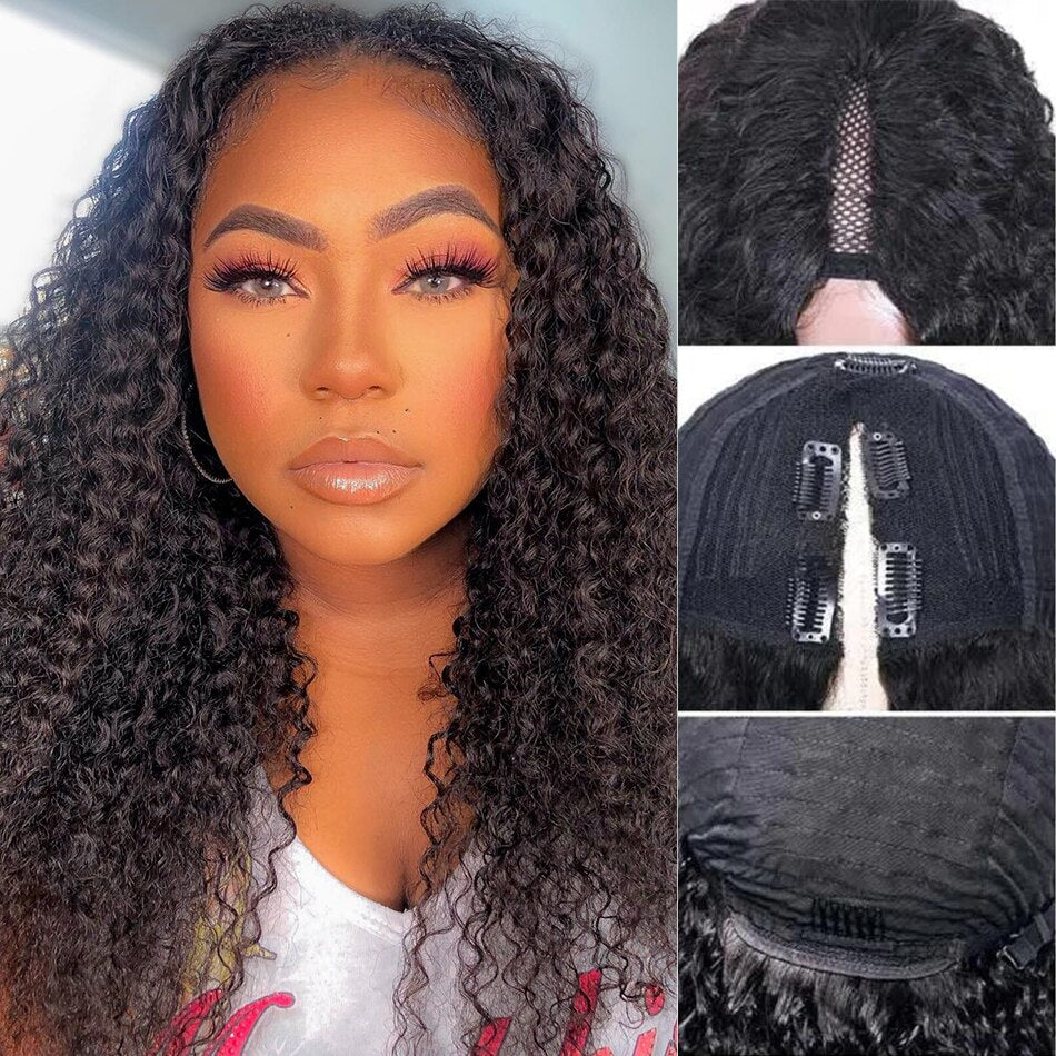 Curly V Part Wig Human Hair No Leave Out Deep Wave Human Hair Wigs for Women Glueless Brazilian Thin Part Wigs 