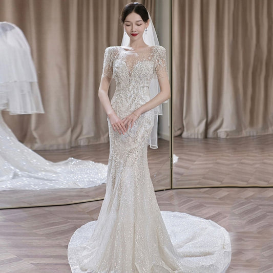 Short Sleeve Luxury Beading Lace Bridal Dress Court Train Shinny