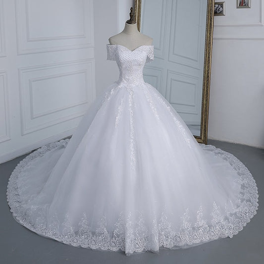 Off Shoulder Appliqes Pearls Long Train Bridal Gowns