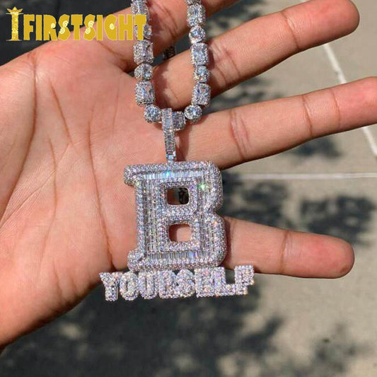 New Iced Out Bling Letters BE YOURSELF Pendant Necklace Two Tone Color CZ Zircon Letter B Necklaces Men&#39;s Women Hip Hop Jewelry