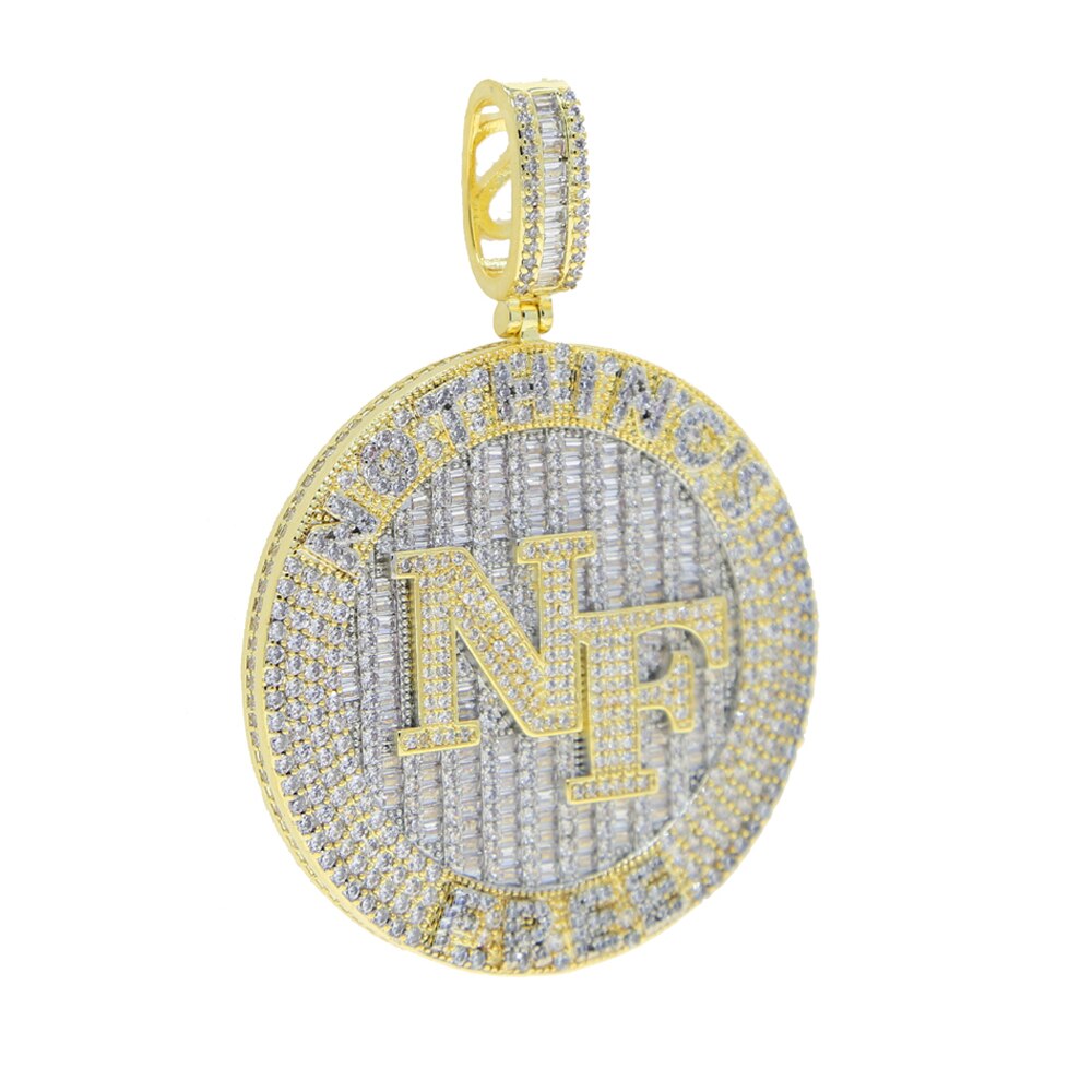 Bling CZ Letter NF Pendant Necklace Cubic Zirconia Round Nothing's Free Badge Charm Men Women Hip Hop Jewelry