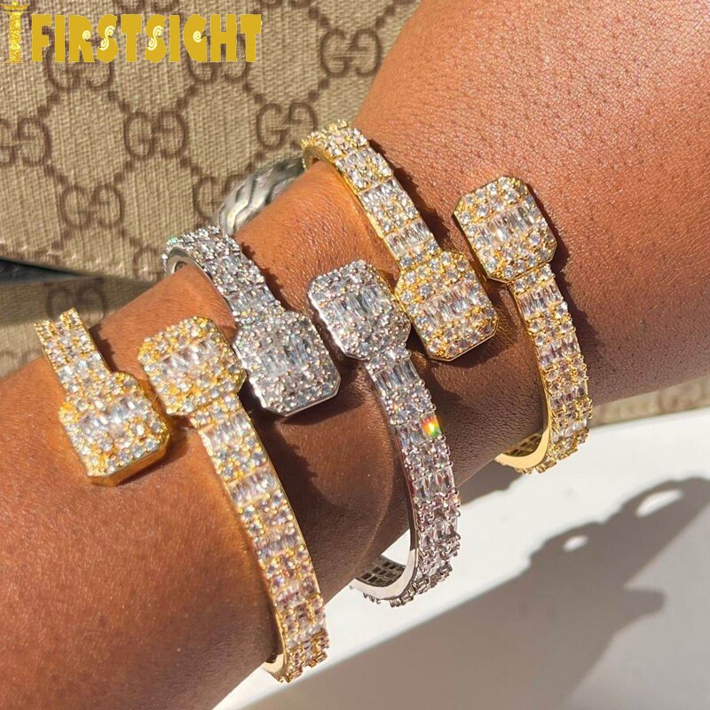 Iced Out Bling Opened CZ Square Charm Bracelet AAA Zircon Baguette Heart Bangle For Men Women Hiphop Luxury Jewelry 2022 New
