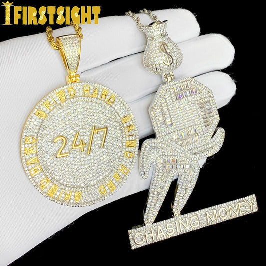 New Iced Out Bling CZ Letter Chasing Money Pendant Necklace Cubic Zirconia Dollar Symbel Money Bag Men Fashion Hip Hop Jewelry