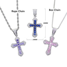 Load image into Gallery viewer, Bling Cross Pendant Necklace Silver Plated Baguette CZ Cubic Zirconia Blue Pink Charm Choker Hip Hop Men Jewelry

