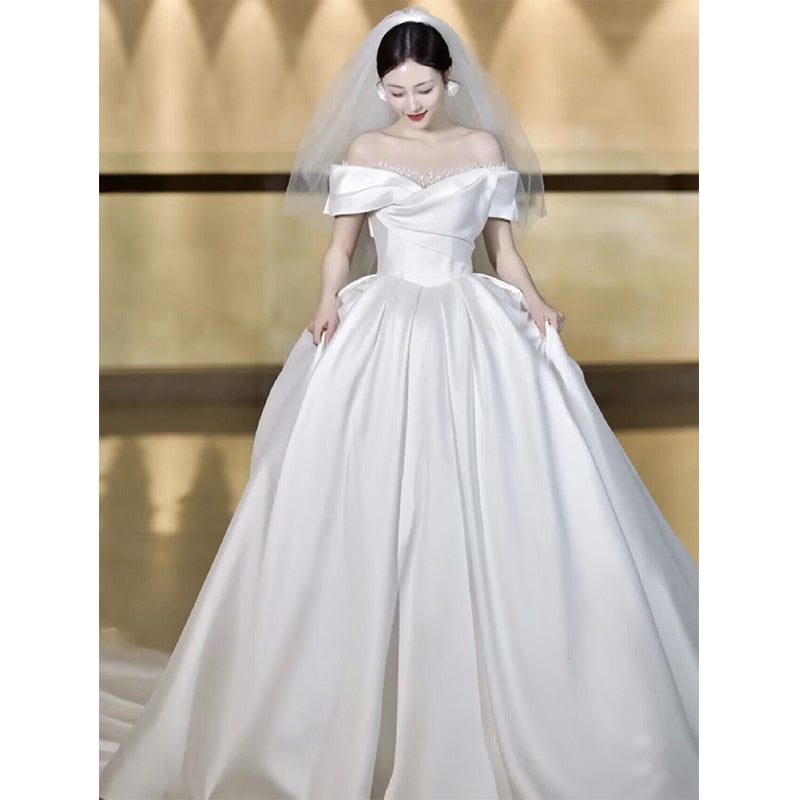 Simple Off The Shoulder Satin Wedding Dress Boat Neck