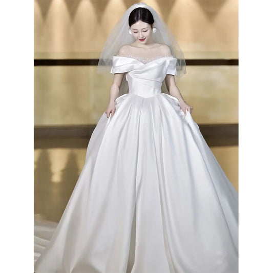 Simple Off The Shoulder Satin Wedding Dress Boat Neck