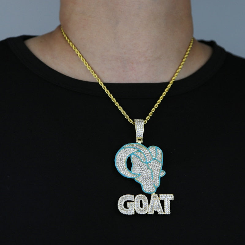 Bling CZ Letter Goat Pendant Necklace 5A Cubic Zirconia Blue Ename Head Animal Charm Men Women Hip Hop Jewelry