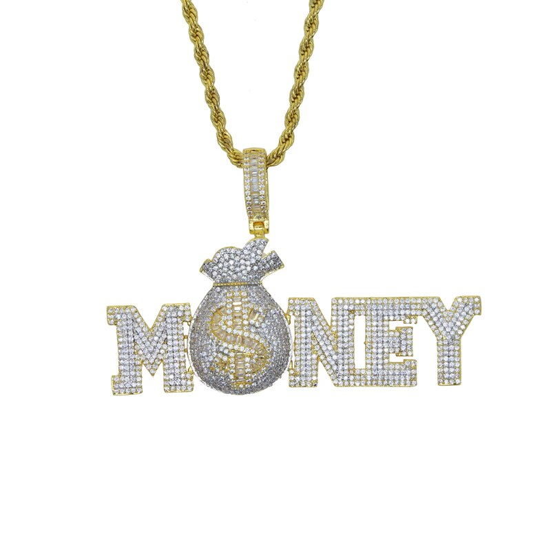 Letters Money Pendant Necklace Silver Color 5A Zircon Money Bag Dollar Sign Necklaces Men&#39;s Women Hip Hop Jewelry