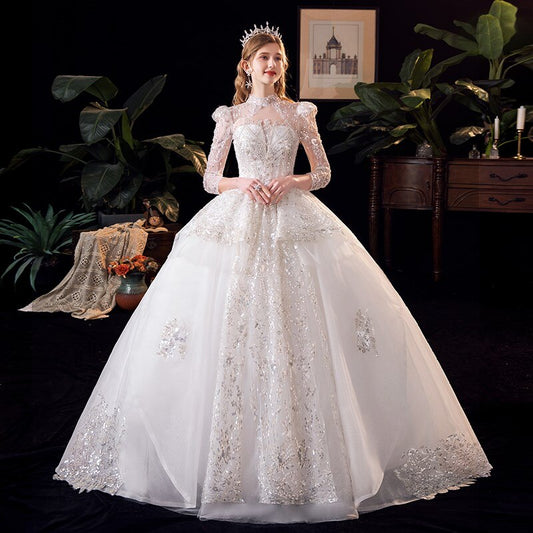 Luxury Long Sleeve Beading High Waist Wedding Gowns