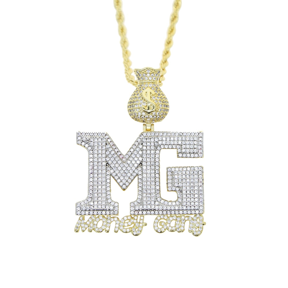 Iced Out Bling Letters Money Gang Pendant Necklace Gold Silver Color 5A Zircon Letter MG Charm Necklaces Men&#39;s Hip Hop Jewelry
