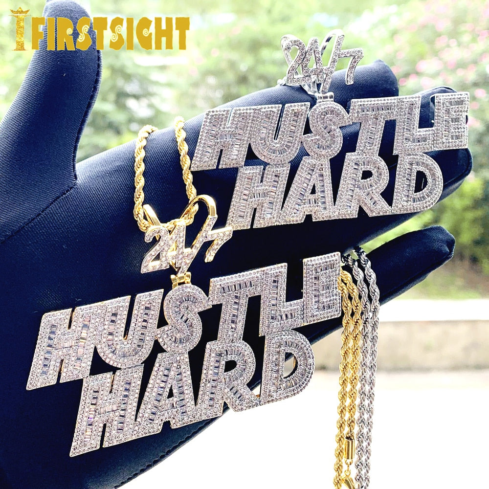 Bling CZ Letter Hustle Hard Pendant Necklace Cubic Zirconia Hustle Charm Men Fashion Hip Hop Jewelry