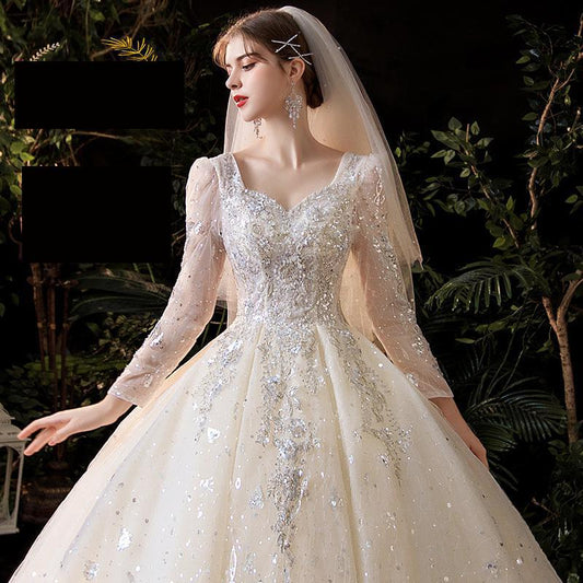 Luxury Long Sleeve Boat-neck Sweep Train Lace Up Gown