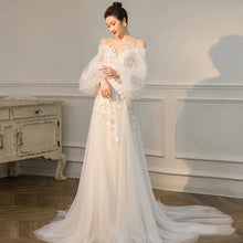 Load image into Gallery viewer, Lace Up Wedding Dress Simple Lantern Sleeve Lace Applique Bridal Dress
