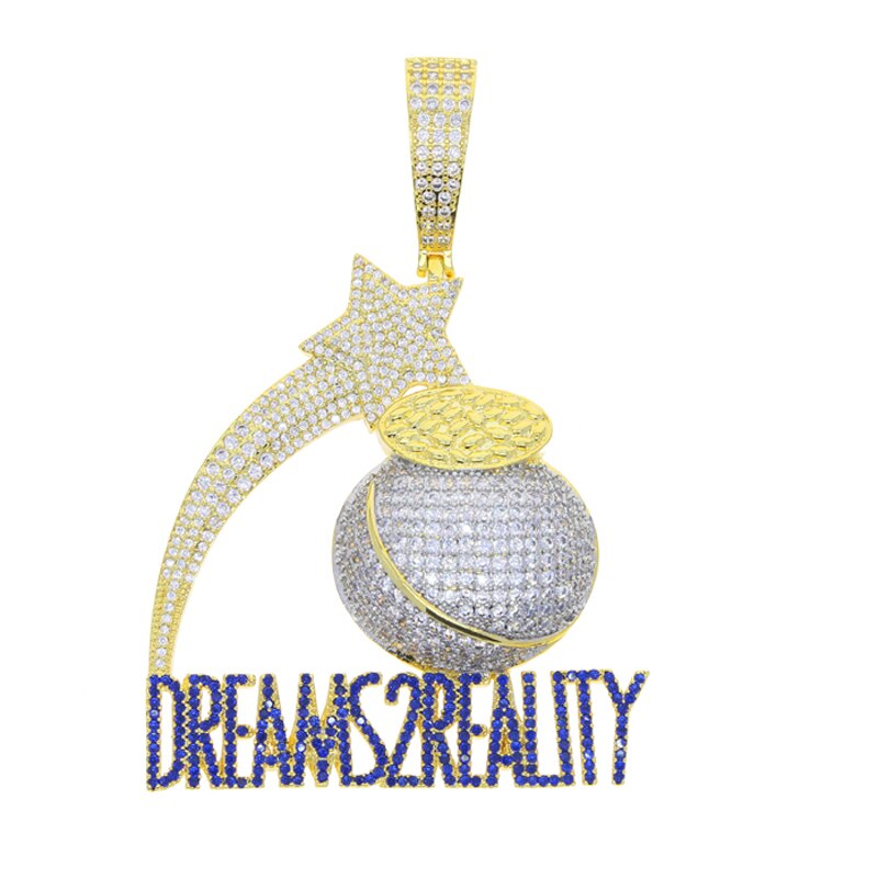 Bling Letters DREAMS TO REALITY Pendant Necklace Gold Plated Zircon CZ Money Bag Star Charm Men's Women Hip Hop Jewelry