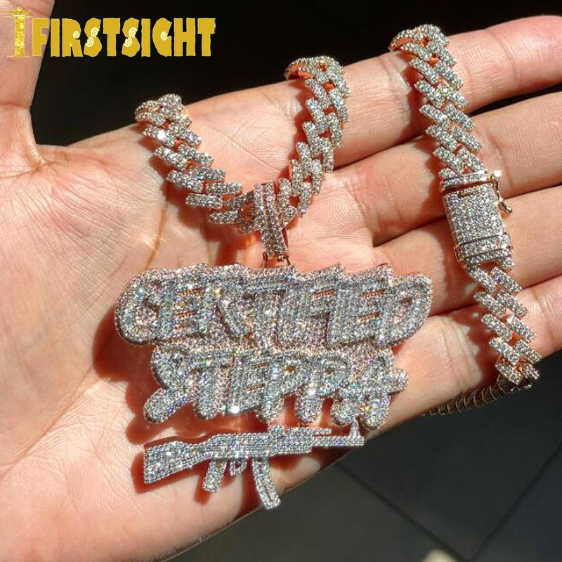 New Iced Out Bling CZ AK47 Gun Pendant Necklace Cubic Zirconia Letter Certified Steppa Necklaces Men Fashion Hip Hop Jewelry
