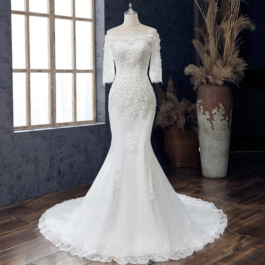 Boat Neck Mermaid Wedding Dress Lace Up Applique Bridal Dress