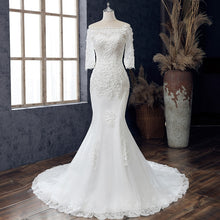 Load image into Gallery viewer, Boat Neck Mermaid Wedding Dress Lace Up Applique Bridal Dress

