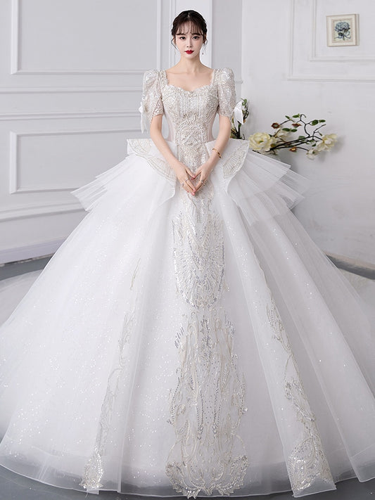 Luxury Short Sleeve With Bow Lace Up Bridal Ball Gown
