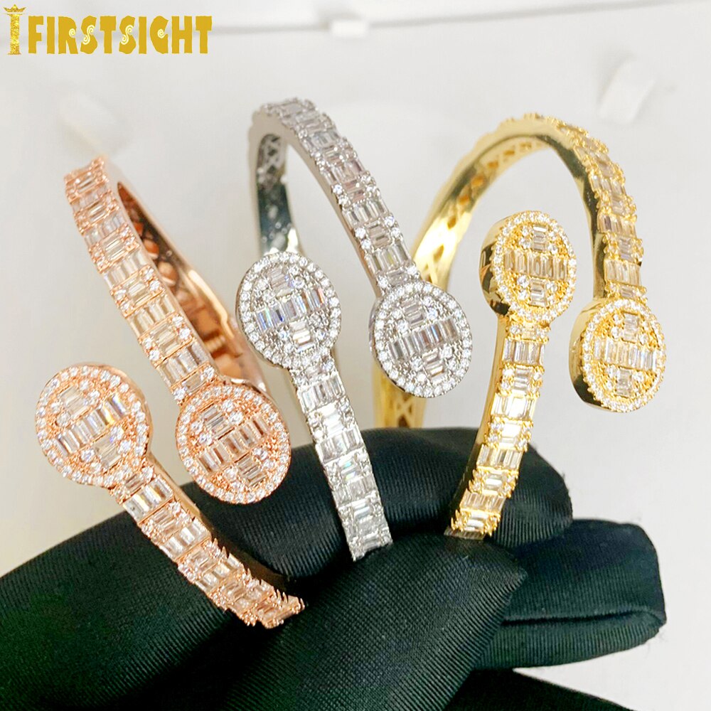 New Iced Out Bling Baguette CZ Oval Charm Bracelet Gold Plated 5A Zircon Opened Bangle For Men Women Hiphop Luxury Jewelry