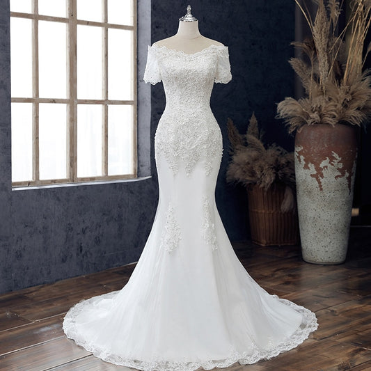 Lace Applique Wedding Dress Boat Neck Lace Up Short Sleeve Mermaid Bridal Dress