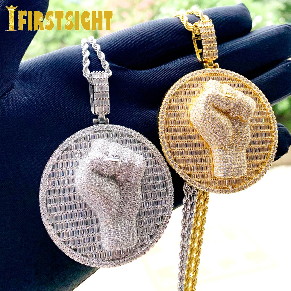 2022 New Hip Hop Round Fist Pendant Necklace Bling Gold Plated Baguette CZ Zircon Power Stereoscopic Charm Men Jewelry