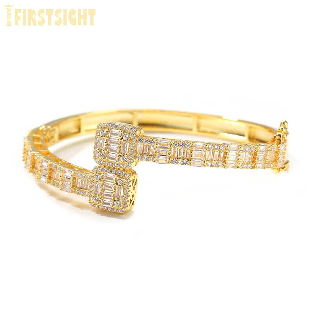 Iced Out Bling Opened Square Zircon Bracelet Gold Silver Color Baguette AAA CZ Bangle For Men Women Hiphop Luxury Jewelry