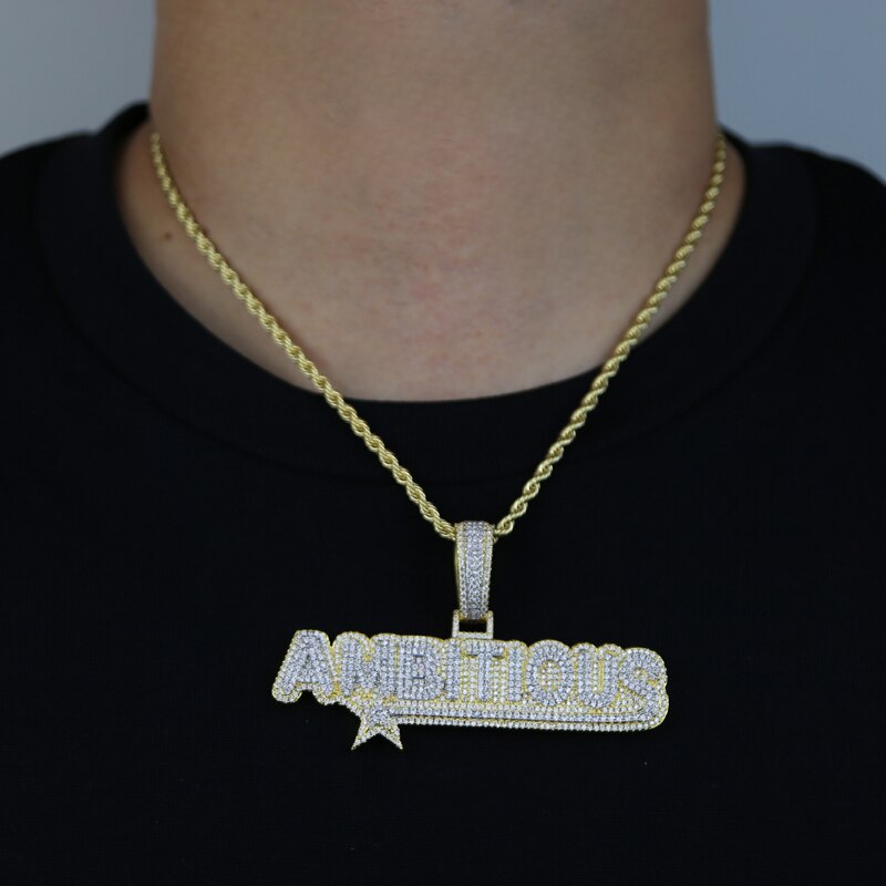 Hip Hop Ambitious Pendant Necklace Gold Silver Color Bling 5A CZ Zircon Letters Star Charm Men Women Jewelry