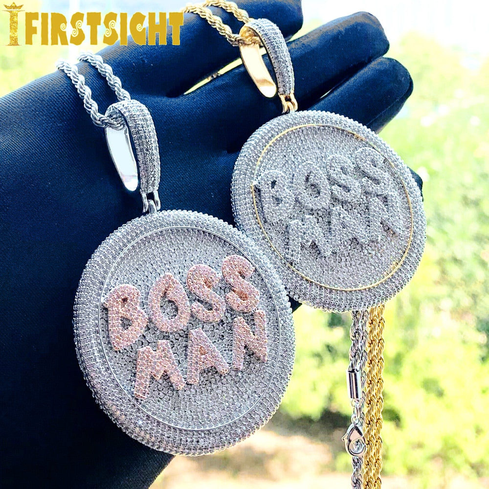New HipHop Letter Boss Man Pendant Necklace Iced Out Bling Two Tone Color CZ Zircon Round Letters Charm Men&#39;s Women Jewelry