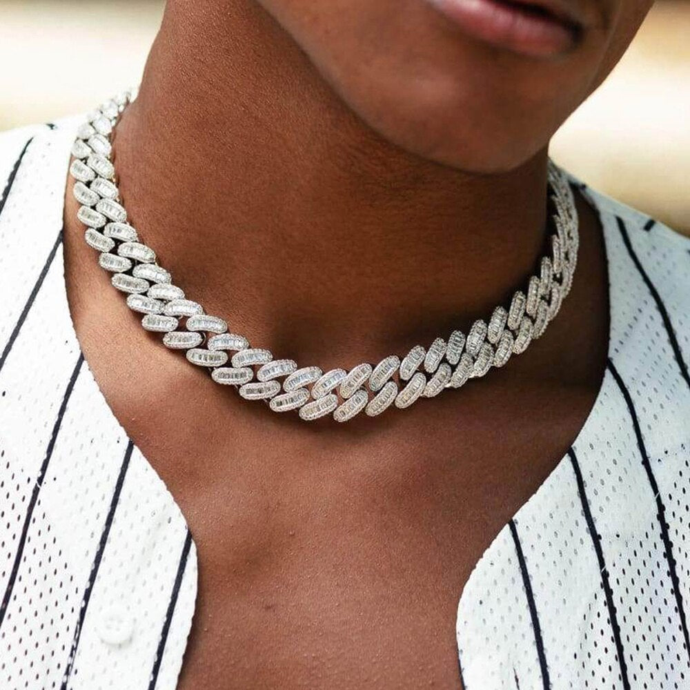 15mm Baguette CZ Heavy Chunky Cuban Link Chain Necklace Silver Color CZ Zircon Big Hip Hop Men Women Jewelry New