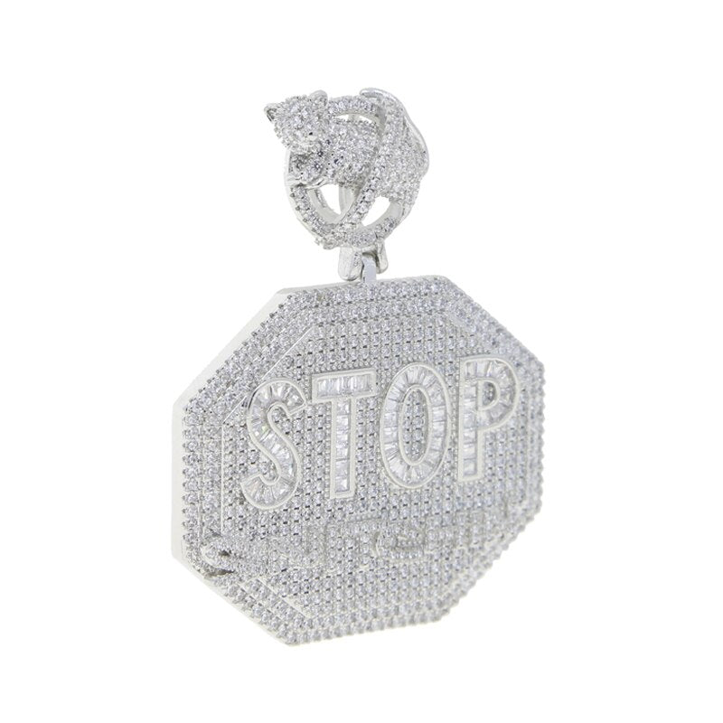 Bling Letters STOP Snitching Pendant Necklace 5A Zircon Baguette CZ Letter Octagon Charm Men&#39;s Women Hip Hop Jewelry
