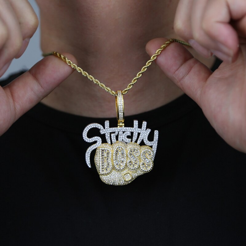 Bling Baguette CZ Letter Strictly Boss Pendant Necklace Gold Color Cubic Zirconia Boss Necklaces Men Hip Hop Jewelry