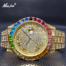 Load image into Gallery viewer, 18K Gold RelojHombre MISSFOX Rainbow Bezel Ice Out Diamond Fashion Couple Watch Calendar Waterproof Quartz Watches Droshipping
