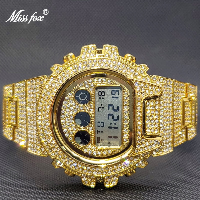 Relogio Digital MISSFOX Diamond Luxury Sport Stylish Gold Multifunction Electronic Watches For Men 3bar Reloj Water Resistant